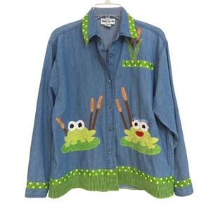 Shane Lee Inc Vintage Denim Frog Applique Shirt Green Polka Dot USA Whimsy EUC